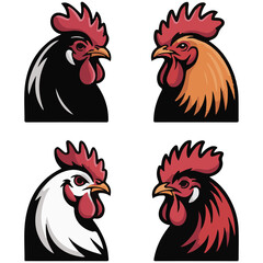 Rooster head mascot vector set with four color variations for sports team logos and poultry branding © Peng