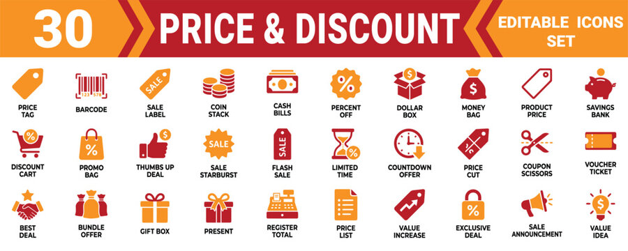 Set of 30 price and discount icons for shopping sales and marketing business promotions in flat design Minimal solid fill icon set bundle collection. Editable Vector Illustration Mega pack
