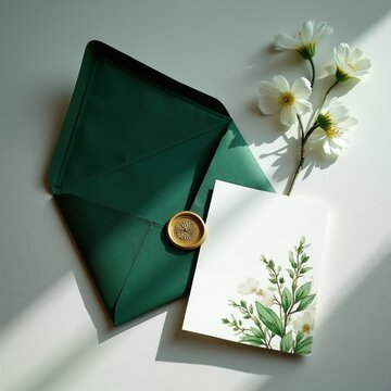 Elegant green envelope with gold wax seal next to floral card. White flowers and green leaves on blank paper. Gentle sunlight shadows create inviting atmosphere.