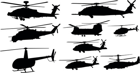 Military and civilian helicopter silhouettes set of black vector chopper aircraft icons isolated on white © ROUNOK