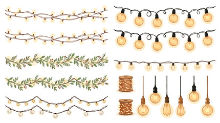Fototapeta premium Vintage string lights and glowing Edison bulbs vector set, decorative hanging garden lamps, festive warm light garlands with botanical leaf elements