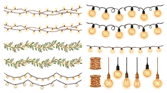 Vintage string lights and glowing Edison bulbs vector set, decorative hanging garden lamps, festive warm light garlands with botanical leaf elements
