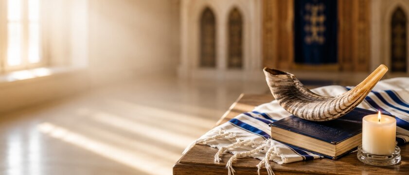 Jewish prayer book with candles and shofar against a bright background for high holy banner format