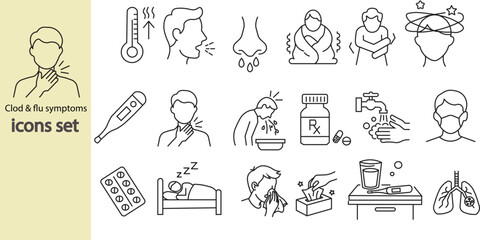 Fototapeta premium Cold and flu symptoms line icon set. Illness, virus infection, Cold, flu, and coronavirus symptoms line icons. Illness Prevention and Medical Treatment Vector. Cough, Sore Throat, and Healthcare Conce