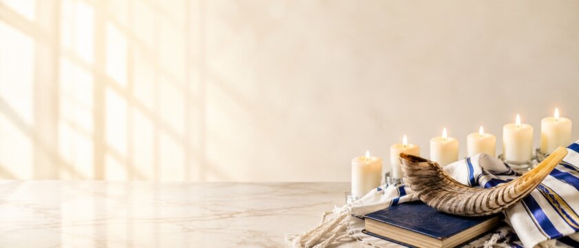 Jewish prayer book with candles and shofar against a bright background for high holy banner format
