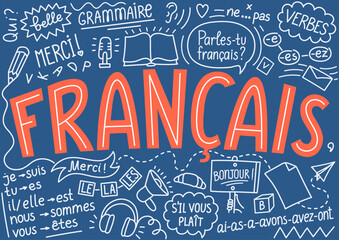 Francais. French hand drawn doodles and lettering. Educational school background featuring hand-written grammar rules, verbs, and vocabulary doodles. © N.Savranska