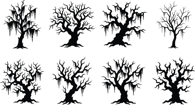 Spooky silhouette trees for halloween day decorations vector graphics for creepy autumn designs