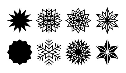 Obraz premium Set of 8 Black Snowflake Icons, Geometric Winter Star Ornaments, Festive Christmas Decorative Elements