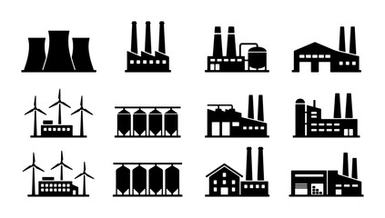 Fototapeta premium Industrial Factory Icons Set, Manufacturing Plant Silhouettes, Energy Production Buildings, Renewable Wind Turbines