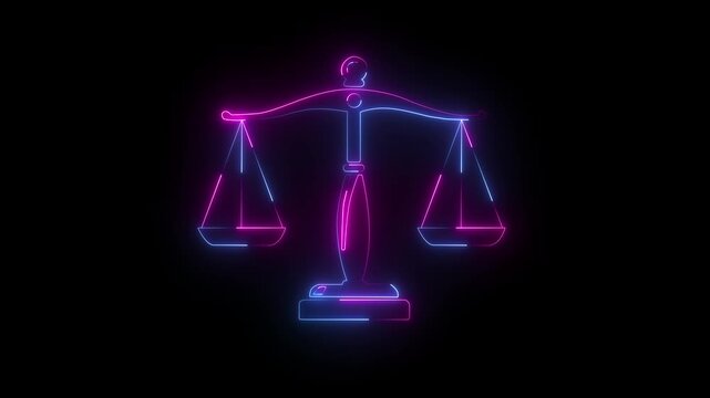 Glowing Neon Scales of Justice Icon Animation on Black Background, Law and Legal Concept