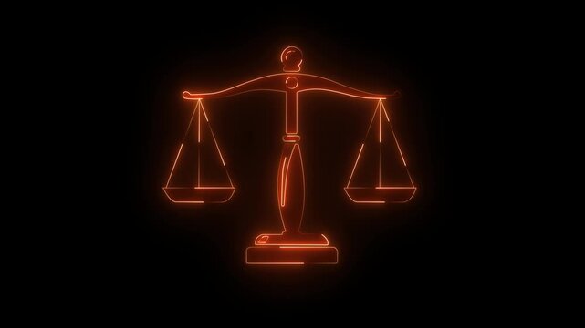 Glowing Neon Scales of Justice Icon Animation on Black Background, Law and Legal Concept