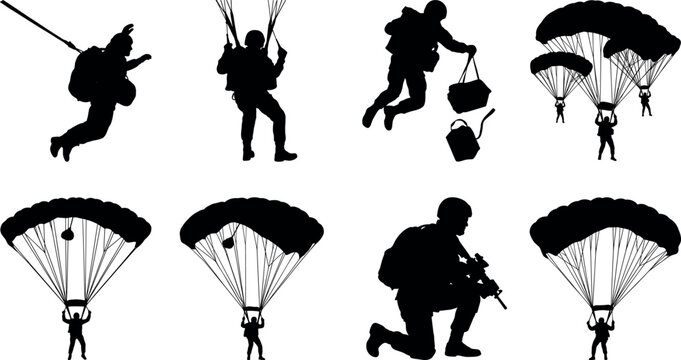 Military paratrooper silhouettes set of airborne soldiers skydiving and tactical troops with weapons vector icons