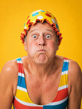 Lustiges Portrait eines Seniors mit Badeanzug und Badehaube