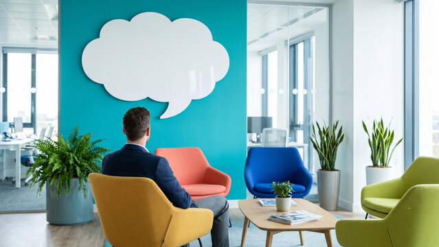 Businessman Thinking Beneath Blank Thought Bubble in Creative Office