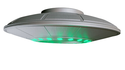 Metallic silver flying saucer with green lights, isolated on transparent background © Nicolae