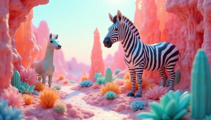 Fototapeta premium Zebra and llama stand in pastel alien desert with colorful surreal plants. Pink rock formations and blue sky create dreamlike atmosphere. Animals explore strange, vibrant, fantasy landscape together.