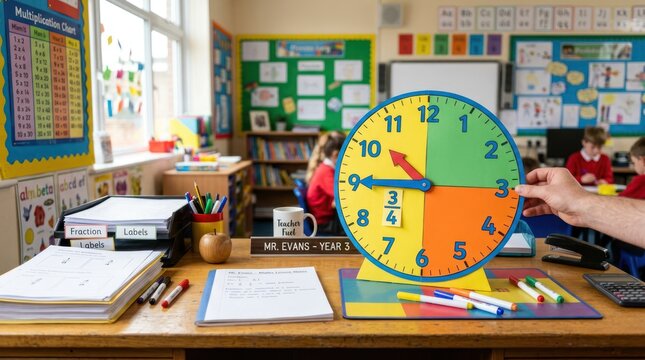 Colorful classroom clock teaches time to young students