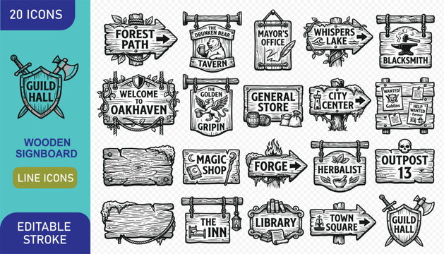 Collection of fantasy wooden signboards and medieval tavern signs for rpg game design