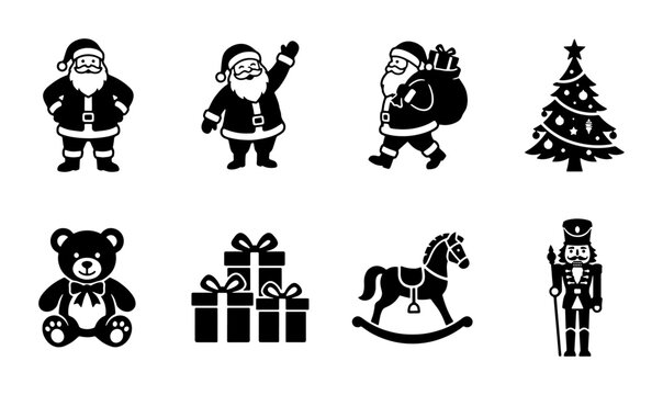 Christmas Icons Set: Santa Claus, Tree, Teddy Bear, Gifts, Nutcracker, Rocking Horse Vector Graphics