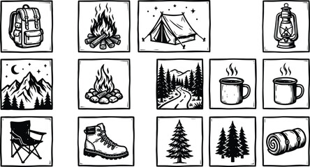 Camping icons set with backpack tent fire and trees © SHOFIQUL