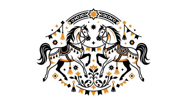 Decorative Arabian Horses with Ornate Pattern, Folk Art Style