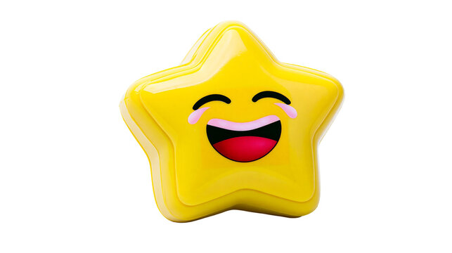 Shiny yellow star emoji with laughing face, isolated on transparent background