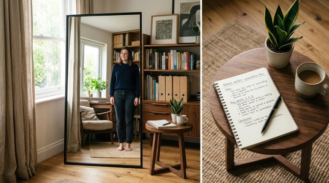 Person looking in a mirror and a table with notebook