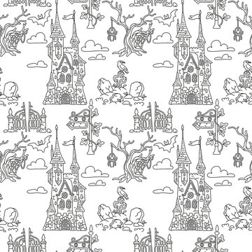 Seamless pattern with a fairytale mystical castle in a Halloween theme in line art. Perfect for wrapping paper, packaging, clothing fabric prints, festive promotions, social media, event invitations.