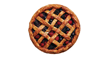 Golden brown lattice berry pie with raspberries and blueberries, isolated on transparent background © Nicolae