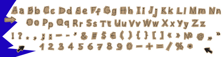 Fototapeta na wymiar Collage alphabet font, cut out of craft brown paper hand drawn doodle letters, numbers and punctuation marks. Clipping elements set stickers for scrapbook vector illustration on transparent background