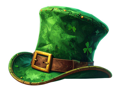 Green hat with gold buckle and buckle top of it with black.