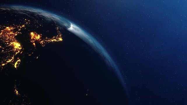 View of earth from space at night showing city lights of east asia including china, japan, and the korean peninsula with a starry background