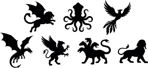 Mythical creatures silhouettes set of legendary monsters dragon griffin phoenix and cerberus vector elements © ROUNOK