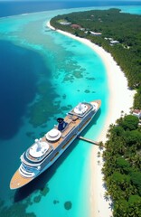 Fototapeta premium Large cruise liner stops at tropical island pier. White sand beach, palm trees, clear turquoise water visible from above. Peaceful vacation scenery with ocean transport.