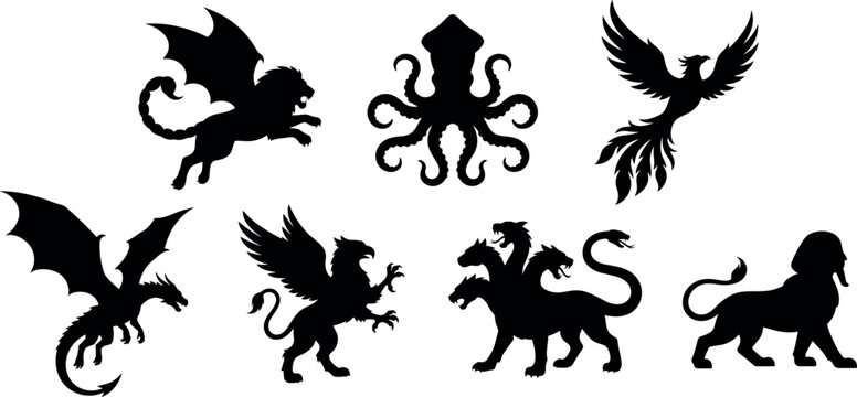 Mythical creatures silhouettes set of legendary monsters dragon griffin phoenix and cerberus vector elements