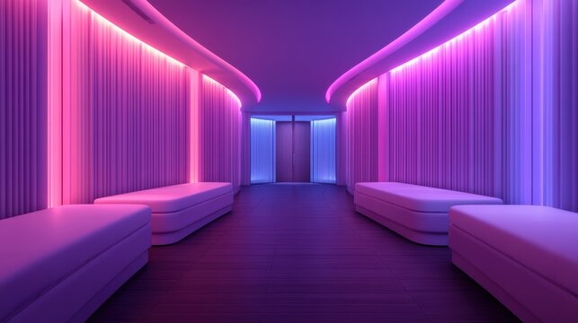 A modern, sleek lounge area illuminated by vibrant pink and purple LED lighting with minimalist benches and vertical slatted walls.