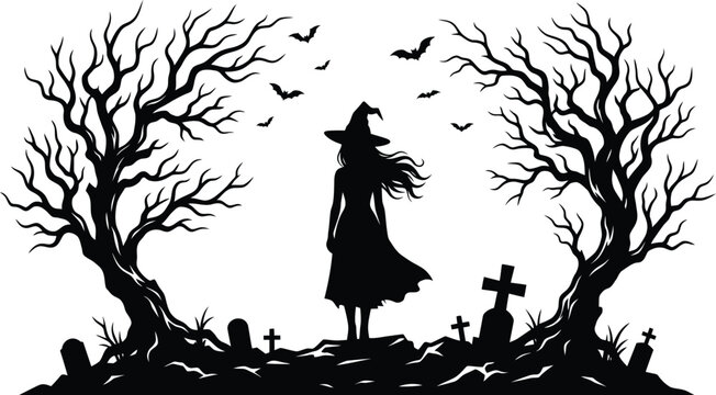 Witch in haunted graveyard with dead trees silhouette