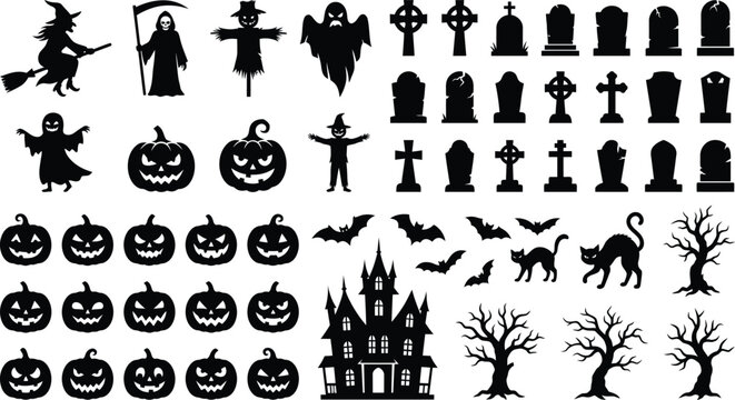 Halloween elements collection with pumpkins and graves