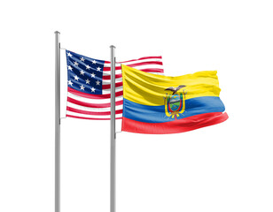 Fototapeta premium Ecuador and America friendship flags are waving on white background. Both flags are with Cutout Path. Ecuador national USA national flag for commitment.