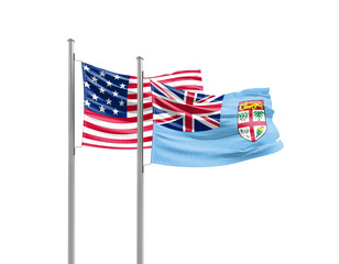 Fototapeta premium Fiji and America friendship flags are waving on white background. Both flags are with Cutout Path. Fiji USA national flag for commitment.