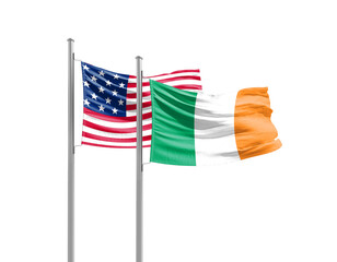 Fototapeta premium Ireland and America friendship flags are waving on white background. Both flags are with Cutout Path. Ireland USA national flag for commitment.