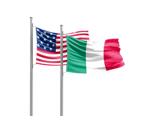 Italy and America friendship flags are waving on white background. Both flags are with Cutout Path. Italy USA national flag for commitment.
