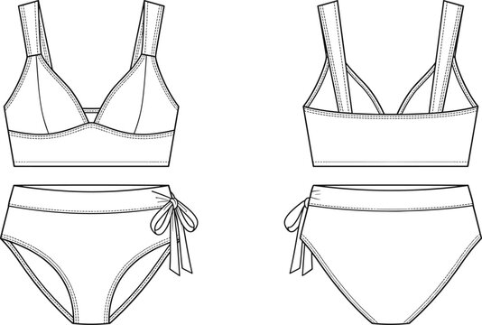 Technical fashion flat sketch of a women's bikini set with bralette top and side-tie high-waisted bottom.
