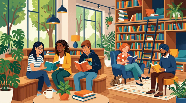 Diverse group of people reading books together, library interior with plants and shelves, cozy study area