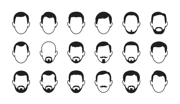 Male face avatar collection showcasing different beard styles and haircut designs set icons.