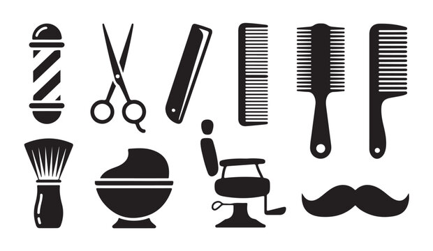 Barber salon tools icons set featuring pole razor chair brush and variety of hair combs now.