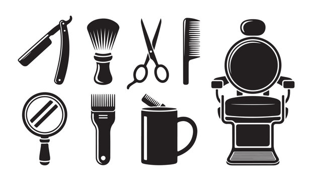 Hairdresser tools icons for barbershop design with barber chair razor and shaving brushes.