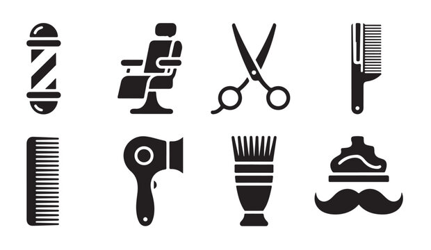 Collection of barber shop icons with hair dryer comb shaving brush and barber pole design.