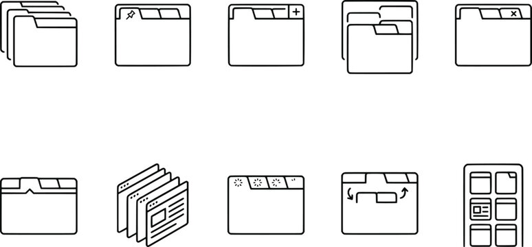 Folder and browser tab icons set, overlapping folders, star folder, add, delete, tabbed windows, stacked layouts, grid interface