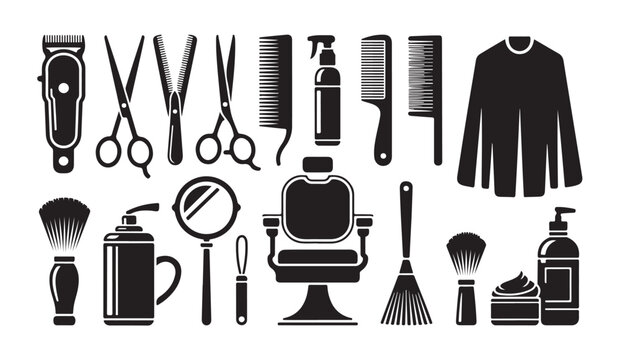 Complete barbershop tool collection with clippers scissors combs chair and hair care items.